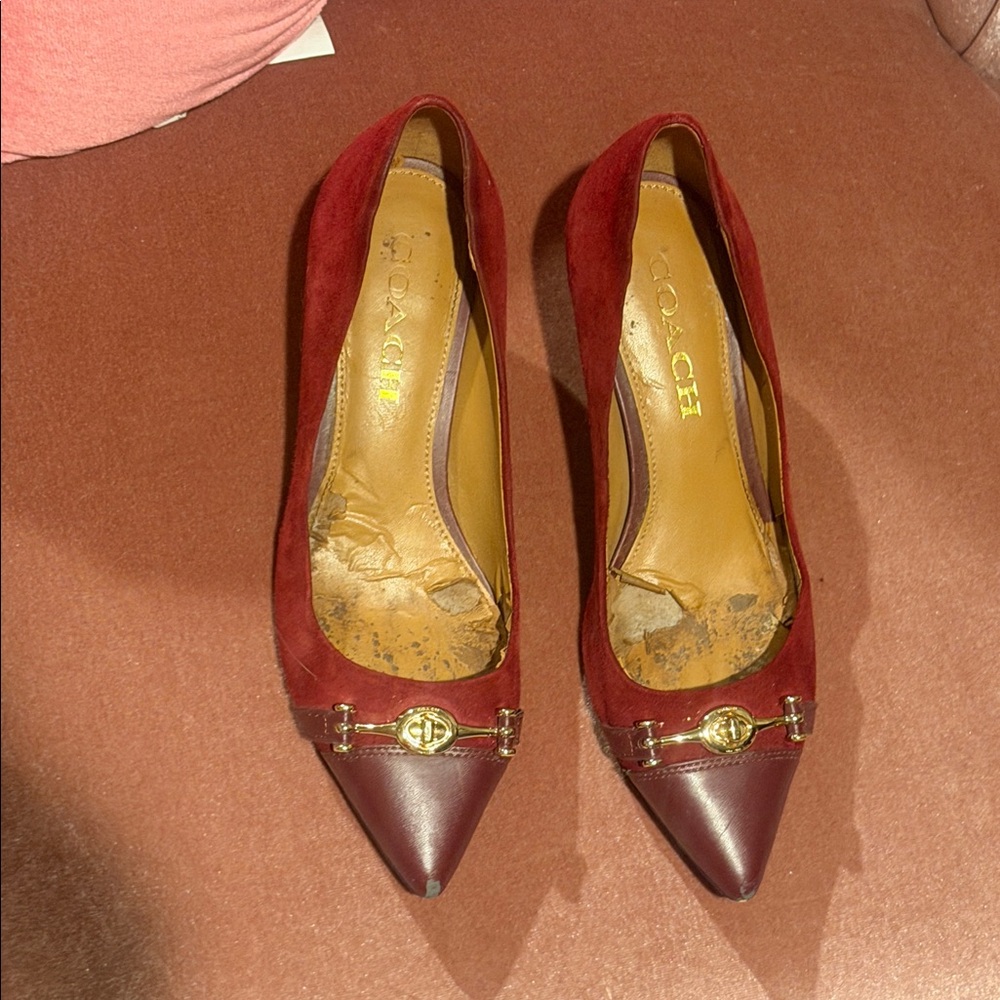 Coach Burgundy Pointed Toe Flats with Gold Accent